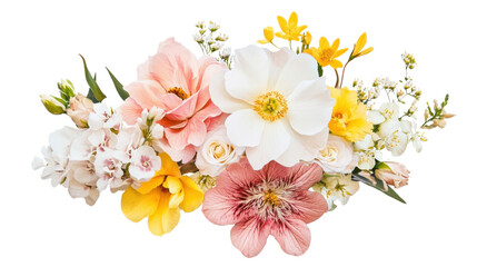 Beautiful Bouquet of Mixed Flowers with White and Yellow Isolated on White Background for Floral, Wedding, and Decorative Design