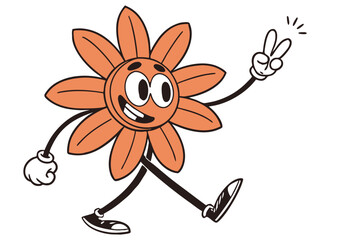 Smiling Retro Flower Character Walking with Peace Sign, Cartoon Mascot on Isolated White