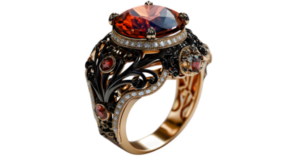 Bold cocktail ring with oversized gemstone and ornate design, realistic PNG