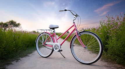 Fototapeta premium pink bicycle stands on scenic trail surrounded by lush greenery and wildflowers under starry sky, evoking sense of adventure and tranquility