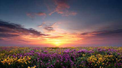 Obraz premium glowing summer sunset casts vibrant colors over meadow filled with wildflowers, creating serene and picturesque landscape. sky is painted with hues of orange, pink, and purple