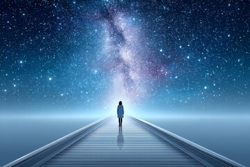 A human walking down railroad tracks under a starry sky