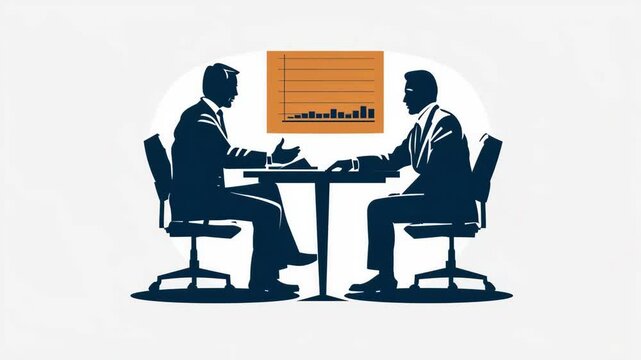 Business meeting illustration showing two silhouetted professionals discussing performance chart with upward trend on orange background.