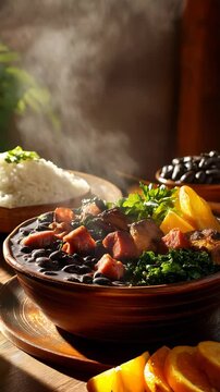 Traditional Brazilian feijoada steaming hot in a rustic clay bowl with rice, kale, orange slices, and farofa, in cozy lighting perfect for food culture and gastronomy videos

