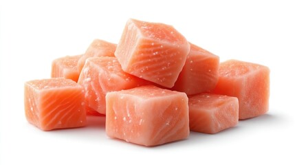 Fresh, cubed salmon pieces, ready to cook.  Small, perfectly formed, cubes of salmon, glistening and ready for preparation.  Seasoned with a light sprinkle of salt