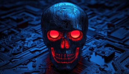 Glowing red-eyed cybernetic skull on a circuit board