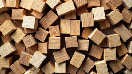 A profusion of natural light wooden cubes scattered closely together, showcasing the texture and grain of the wood in a captivating arrangement.