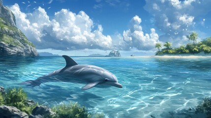 Fototapeta premium Dolphin swimming tropical ocean island paradise; vacation travel poster