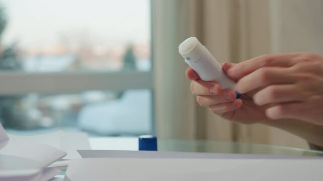 Hand view of older woman opening liquid glue container with white and blue cap and applying it on paper, close-up of hands engaged in crafting activity with focus on glue application