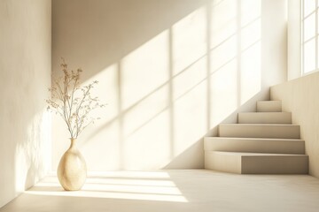 Minimalist sunlit interior with vase and stairs in neutral tones