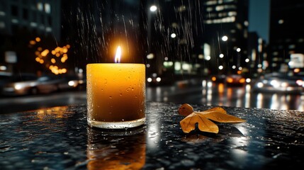 A single candle glows warmly on a wet surface during rainfall, reflecting peace, nature and solitude at dusk