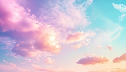 Pastel cloudscape, vibrant sky, soft colors. Fluffy clouds against a gradient sky of pastel pinks, purples, and blues.  A serene, dreamy atmosphere