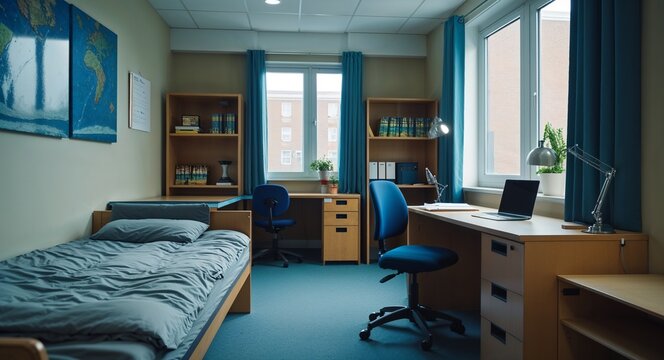 quiet dormitory room with study desk and unmade bed cinematic view background 