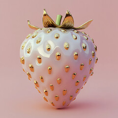 Luxurious 3D rendering of a white strawberry with glossy pearl-like skin and metallic gold seeds, set against a soft pink background for an elegant, surreal aesthetic.

