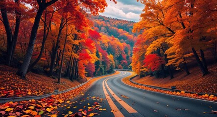 winding roads with colorful autumn leaves cinematic view background 