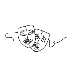 Tragedy and humor theater masks one line art continuous line vector illustration.