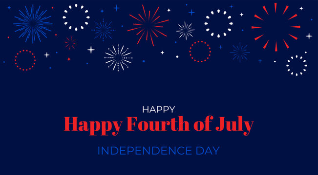 4th of July Happy Independence day Banner. Template with text and fireworks on dark blue Background for Banner, Card. Vector illustration.