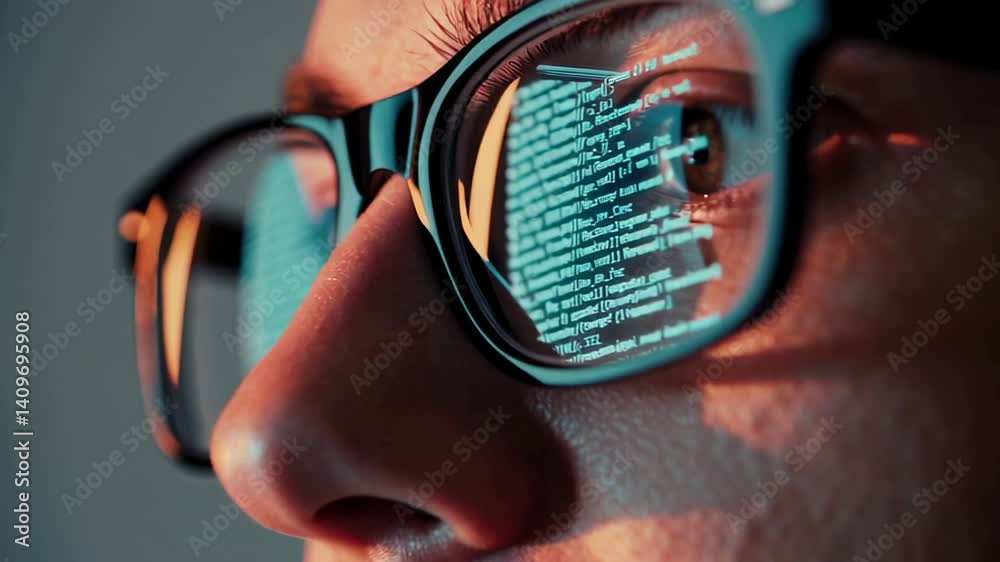 Aufkleber Concentrated programmer working on software development, lines of code reflecting in glasses while focusing intently on digital innovation and complex programming tasks