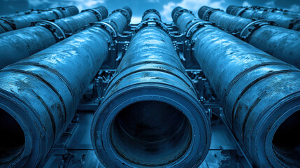 Close up of multiple missile launch tubes in row, dramatic view