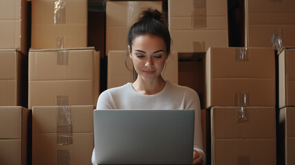 Smiling businesswoman manages warehouse operations on her laptop, overseeing distribution and optimizing processes while standing in front of neatly stacked boxes