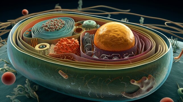 3D view of eukaryotic cell with organelles, nucleus, membrane. 