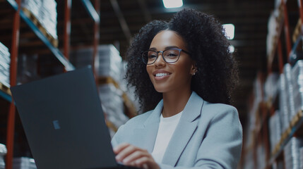 Young businesswoman uses a laptop to optimize the flow of products in a warehouse, checking inventory, reviewing online orders, and smiling at the successful progress