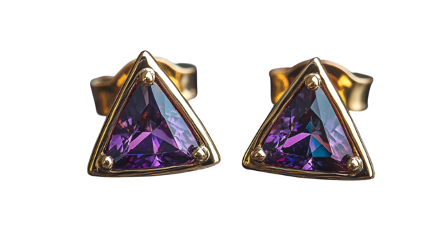 Geometric stud earrings with triangular gemstone setting, modern fashion