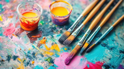 Close up of paintbrushes and paint cups on a colorful palette with various hues and textures visible