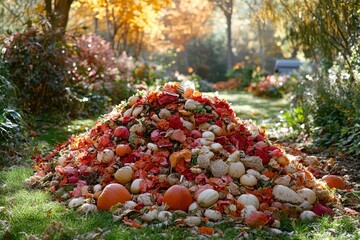 Autumn Harvest Pile of Colorful Pumpkins and Leaves in Garden Path