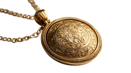 Gold locket necklace with engraved floral pattern and openable center, PNG