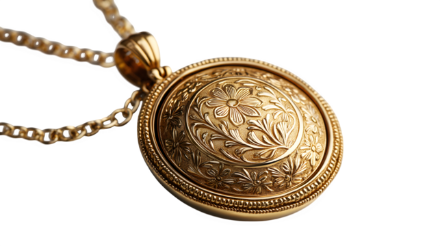 Gold locket necklace with engraved floral pattern and openable center, PNG