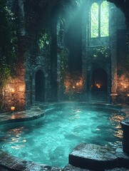 Fototapeta premium Indoor pool with glowing water in a gothic style building at night.