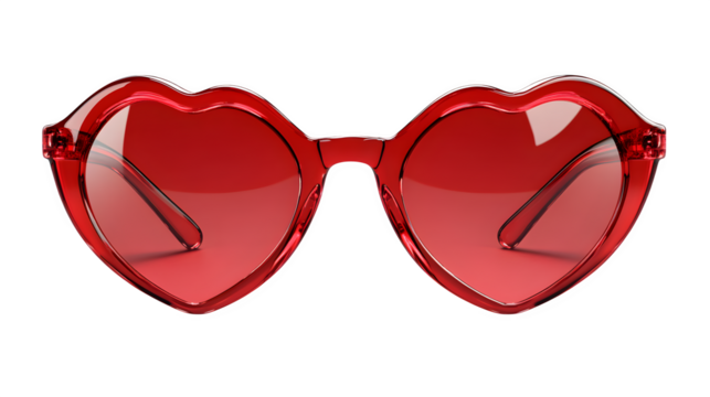 Heart-shaped sunglasses with red frames and glossy plastic shine, realistic style