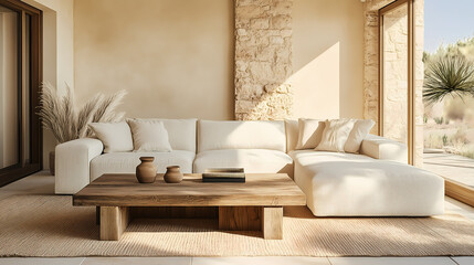 Clean and open industrial living room with desert-inspired decor