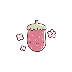 Cute cartoon strawberry character with a smiling face, surrounded by small pastel flowers. Hand-drawn vector illustration in kawaii style with soft colors and playful mood.
