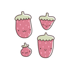 Set of cute cartoon strawberries with smiling faces in different shapes and sizes. Hand-drawn vector illustration in kawaii style with sweet pink berries and playful expressions.