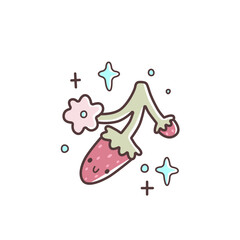 Cute cartoon strawberry branch with flowers and smiling berry. Surrounded by pastel sparkles. Hand-drawn vector illustration in kawaii style with sweet and playful elements.