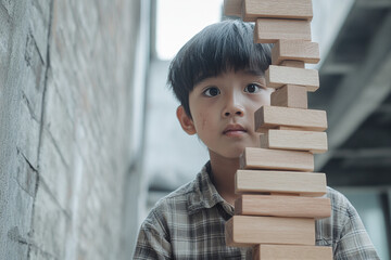 Child delights in knocking over a tower of wooden blocks while exploring creativity and playfulness in a bright space