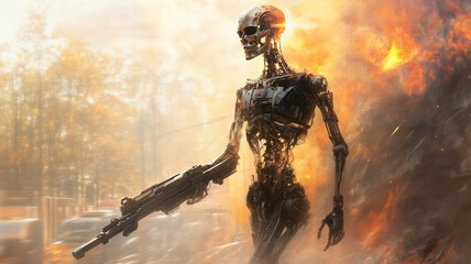 The Illustration of robot carrying a weapon