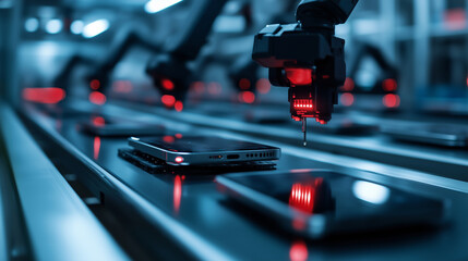 Sleek mobile phones being tested for display quality. Robotic arms press touchscreens in synchronized quality control process