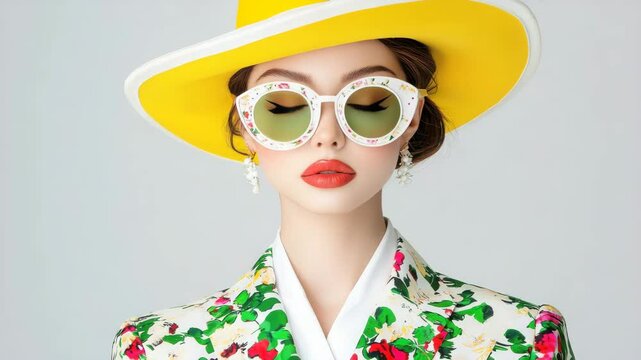 Cheerful woman in bright yellow hat and stylish sunglasses enjoying a sunny day outdoors with a vibrant smile on her face.