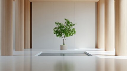 Minimalist, light-filled interior space with a central potted plant and a shallow water feature