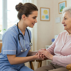 female doctor talking to a patient. A female nurse caregiver holds hands to encourage and comfort an elderly woman.