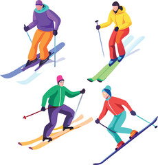 Obraz premium Colorful Skiing Characters Illustration – Winter Sports Action Scene with Skiers on Slopes