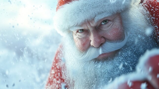 a close-up portrait of santa claus looking mischievously at the viewer with snow falling around him evoking the magic and wonder of christmas with a twinkle in his eye