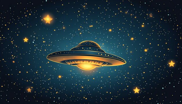 Simple UFO spaceship illustration surrounded by stars on dark blue background, festive UFO World Day banner, clean and artistic design
