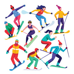 Fototapeta premium Colorful Skiing Characters Illustration – Winter Sports Action Scene with Skiers on Slopes