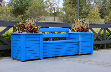 Blue wooden bench with planters in a park isolated no people