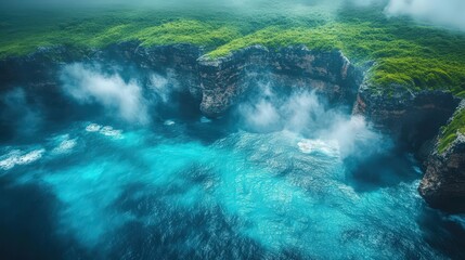 Enchanting oceanic cliffs shrouded in mist and verdant vegetation beauty