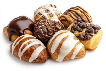 Assorted pastries displayed on a white surface showcasing indulgent flavors and unique textures of a busy bakery setting
